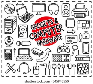 Doodle Gadgets Computer Hardware icons set. Freehand doodle drawn icons: mouse, electric cords,usb stick, audio speaker, memory chip, game pad, printer, webcam, usb stick. Doodle vector illustration