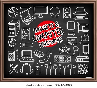 Doodle Gadgets and Computer Hardware icons set. Chalkboard effect drawing. Hand drawn doodle icons - electronic gadgets, electronic cords, server, media gadget, memory card. Doodle vector illustration