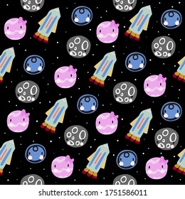 Doodle galaxy starships and planets vector colorful seamless pattern with hand-drawn style. Collection of space illustration, cute cartoon astronomical kids sky background