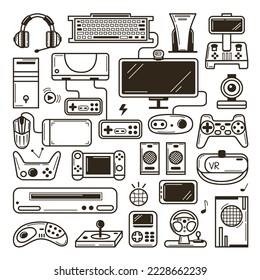 Doodle gaming elements, gamers electronics devices sketch. Computer game, console and joystick. Social media and play neoteric vector icons