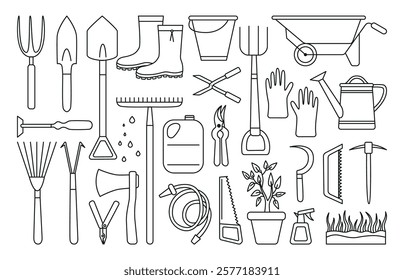 Doodle garden equipment. Gardening tools for working with plants, agriculture elements. Shovel pitchfork rake, rubber boots, plant in pot, neoteric vector set