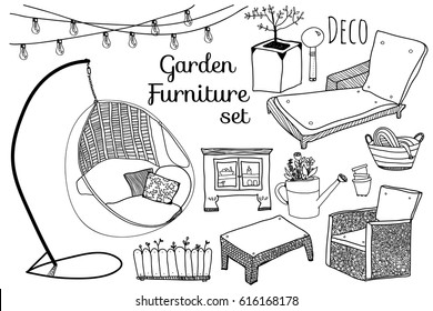 Doodle Garden Furniture Set. Vector Collection 