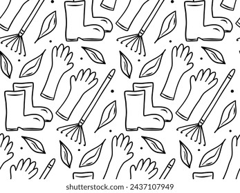 Doodle garden seamless pattern with gloves, boots, rake and leaves. Hand drawn spring or autumn background for printing, textile