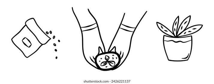 Doodle garden set. Potting plants. Vector design elements of gardening with seeds, hands in gloves, plant.