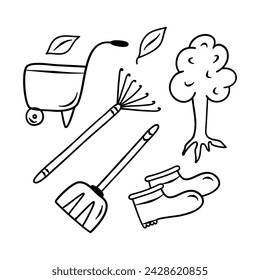 Doodle garden set related illustration such as shovel, rake and more. Leaf cleanup.