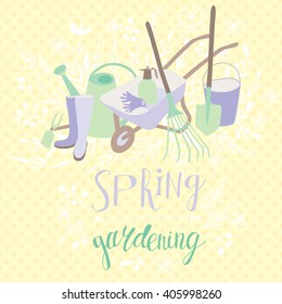 Doodle garden tools on light yellow background with hand-drawn text