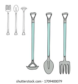 Doodle garden tools set in color and in  hand drawn outline style. Spring cares in the garden. Hand drawn collection. Vector illustration