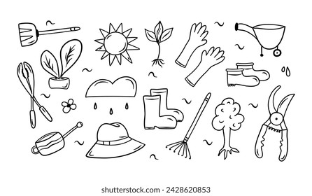 Doodle garden vector set with shovel, glove, hat, boots, basket, pulverizer, boots, pruning shears. etc. Hand drawn spring or summer equipments for work at the nature