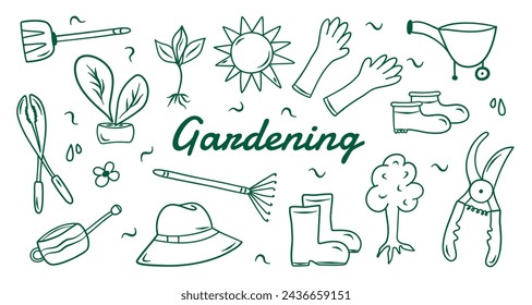 Doodle garden vector set with shovel, glove, hat, boots, basket, pulverizer, boots, pruning shears. etc. Hand drawn spring or summer equipments for work at the nature