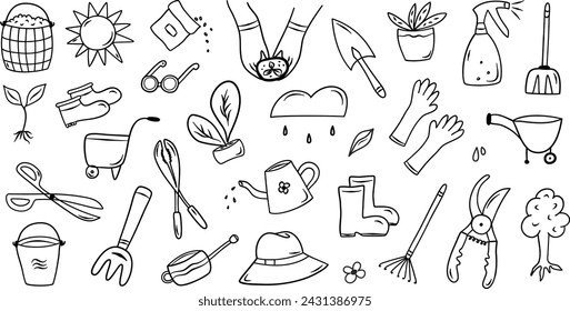 Doodle garden vector set with tools, agriculture, equipment, harvest. Hand drawn icons of gardening on white background. Sketches for use in design