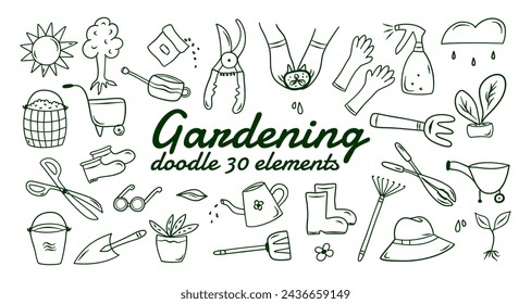 Doodle vector de jardín conjunto con herramientas, agricultura, equipo, cosecha. Iconos dibujados a mano de jardinería sobre fondo blanco. Esbozos para su uso en diseño