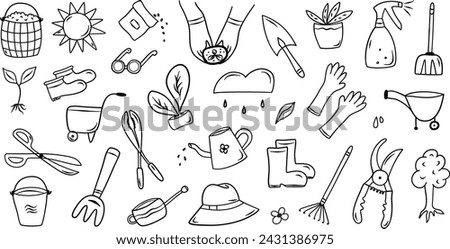 Doodle garden vector set with tools, agriculture, equipment, harvest. Hand drawn icons of gardening on white background. Sketches for use in design