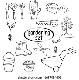 Doodle gardening equipment icon isolated on white. Outline gardening. Sketch vector stock illustration