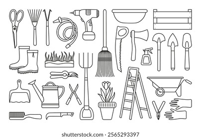 Doodle gardening tools. Hand drawn agriculture elements, pitchfork rake shovel watering can. Farm work equipment, garden planting neoteric vector elements