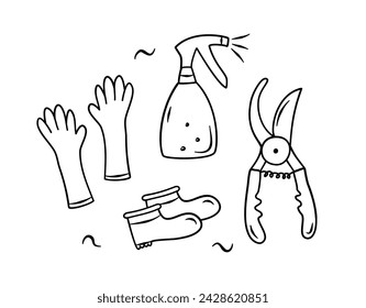 Doodle gardening vector elements. Gloves, pulverizer, boots, pruning shears. Hand drawn spring accessories