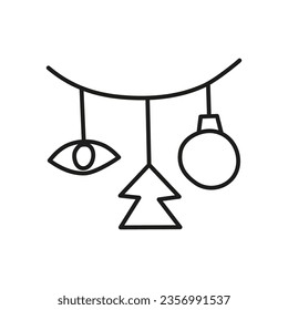 Doodle garland with Christmas ball, third eye and fir tree isolated on white background. Celestial New year decor.