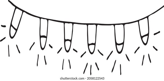 Doodle garland with lights. A painted garland with lights. Christmas lights are isolated design elements. Christmas glowing lights. Garland decoration. Image on a white background.  