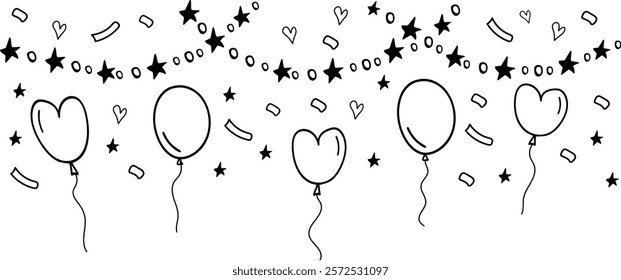  Doodle garland with stars, balloons, hearts and serpentine on transparent background. Party, birthday decoration.