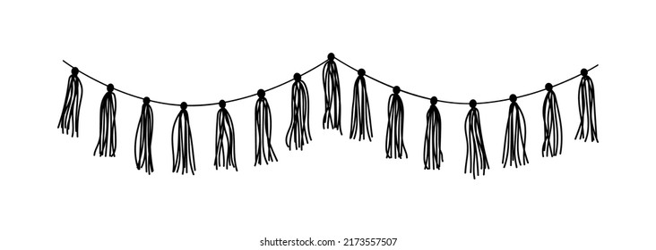 Doodle garland with tassels. Homemade garland for the holiday. Home party decoration with tassels. Vector hand drawn illustration isolated.