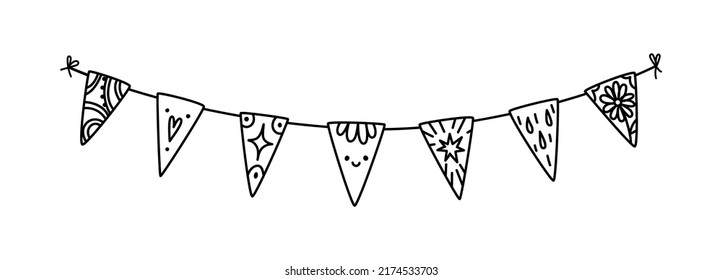 Doodle garland with triangular flags. DIY garland for the holiday. Home party decoration. Vector hand drawn illustration isolated.