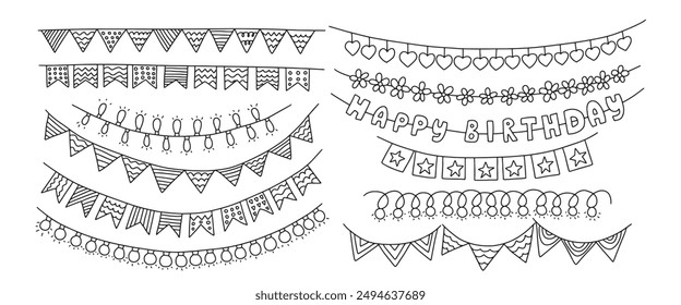 Doodle garlands with flags and lamps vector set