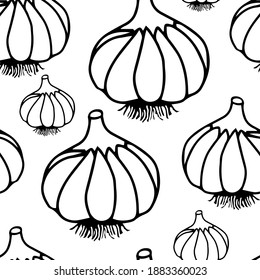 Doodle of garlic on a white background. Vector seamless pattern.
