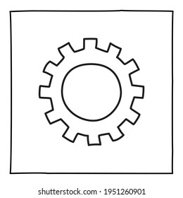 Doodle gear icon or logo, hand drawn with thin black line.