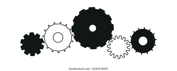 Doodle gear sketch with cartoon cogwheel mechanism. Hand-drawn industrial tools and teamwork symbols. Flat vector illustration isolated on white background.