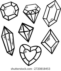 Doodle Gem e Diamond Set. Coleção de Formas de Diamante. Cristal, quartzo, joias pedras preciosas.