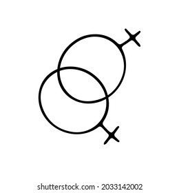 Doodle gender symbol. Two crossed symbols of venus. Outline female sign isolated on white background. Woman love combinations. LGBT, gay, pride, bisexual, lesbians icons. Vector line illustration