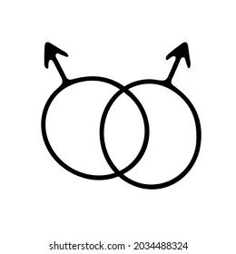 Símbolo de género Doodle. Dos símbolos cruzados de Marte. Contorno el signo masculino aislado en el fondo blanco. A los hombres les encantan las combinaciones. Esbozar LGBT, gay, orgullo, íconos bisexuales. Ilustración de línea de vector