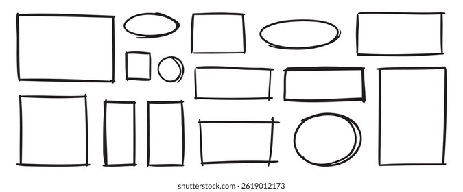 doodle geometric grunge doodle frame set, hand drawn marker pen line strokes. square, circle, rectangle and oval ellipse borders design elements. Vector illustration