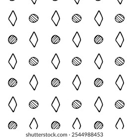 Doodle geometric ornament. Seamless pattern, geometric hand-drawn graphic elements, isolated on a white background. Circle, rhombus, hatching lines. Print, web, backgrounds, textile, fabric