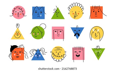 Doodle geometric people. Bright cute funny faces, social media user avatars, hipster man and woman portrait different emotions, contemporary human icons, square circle and triangle form vector set