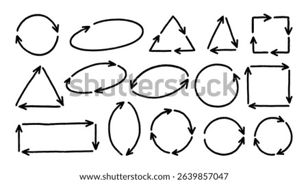 Doodle geometric rotating arrow. Hand drawn black arrows. Arrows for trendy design or decor, direction indication. Vector motion arrows. Hand drawn spinning arrows set. Recycling and circulation.