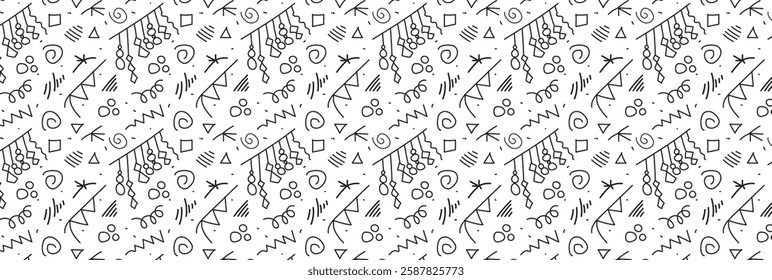 Doodle geometric seamless pattern. Abstract background in retro style with various shapes: circles, semicircles, dots, zigzags, spirals, wavy lines. Vector Memphis design.