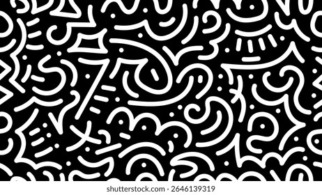 Doodle geometric seamless pattern background. Monochrome retro abstract style shapes 80s 90s  Cute kid doodle design pattern. Vector illustration.