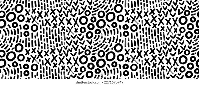 Doodle geometric seamless pattern with crosses, circles and dashes. Vector black and white brush strokes. Simple childish scribble wallpaper. Expressive seamless abstract geometric background.