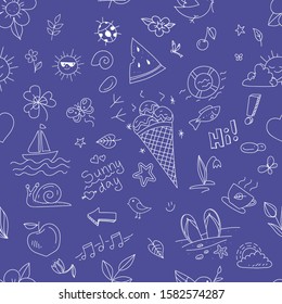 Doodle geometric seamless pattern summertime. Animals, plants, flowers and summertime objects