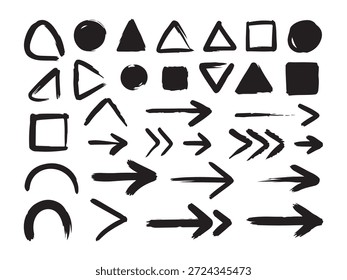 Doodle Formas geométricas y flechas. Dibujado a mano círculos, triángulos, cuadrados y punteros de dirección.