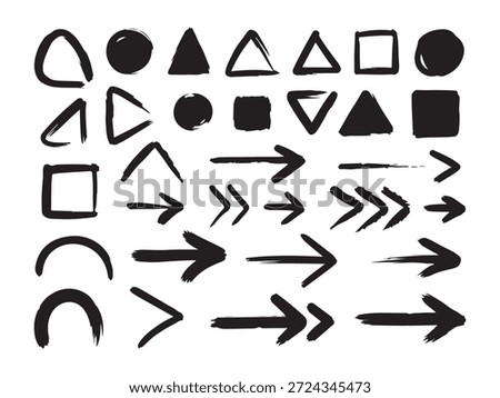 Doodle geometric shapes and arrows. Hand drawn circles, triangles, squares, and direction pointers.