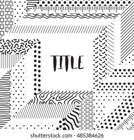 Doodle geometric shapes in polka dot, stripes. Black and white pattern. Modern stylish texture. Abstract Background.
