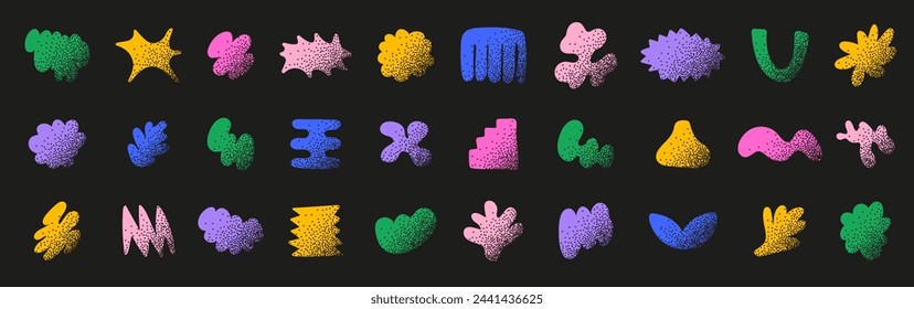 Doodle geometric shapes set with halftone pattern. Colorful trendy abstract forms with dots