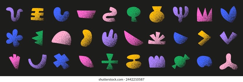 Doodle geometric shapes set with halftone pattern. Colorful trendy abstract forms with dots