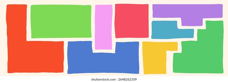 Doodle geometric shapes set with wiggly borders. Irregular colorful bento style text box collection