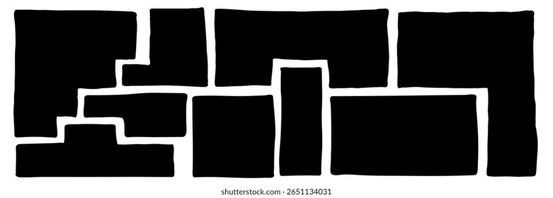 Doodle geometric shapes set with wiggly borders. Irregular black bento style text box collection