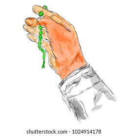 Doodle Gesture Hand Exalting for God using prayer beads, at Watercolor Effect 