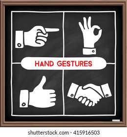 Doodle gestures icons set. Chalkboard effect. Thumbs up, shake hands, ok sign, pointing finger. Hand drawn infographic symbols. Line art style graphic design elements. Vector illustration.