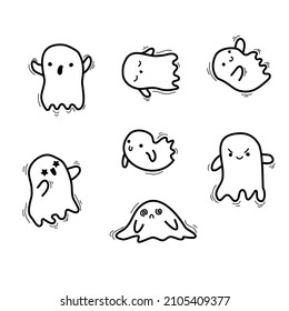 Doodle ghost  Halloween little ghost in cute kawaii style  funny smiling samhain ghosts set  spirit   sweets white background  trick treat stock cartoon image 