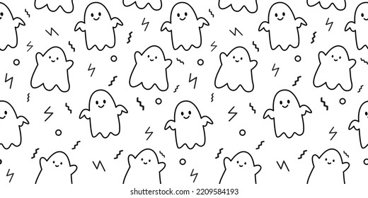 Doodle ghost seamless pattern background. Black and white. Cartoon vector illustration